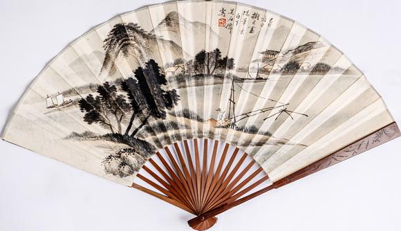 大阪美術(shù)商會吳石仙 楊守敬 山水書法成扇