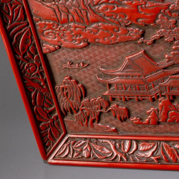 大阪美術(shù)商會(huì)明 堆朱山水樓閣圖方盤