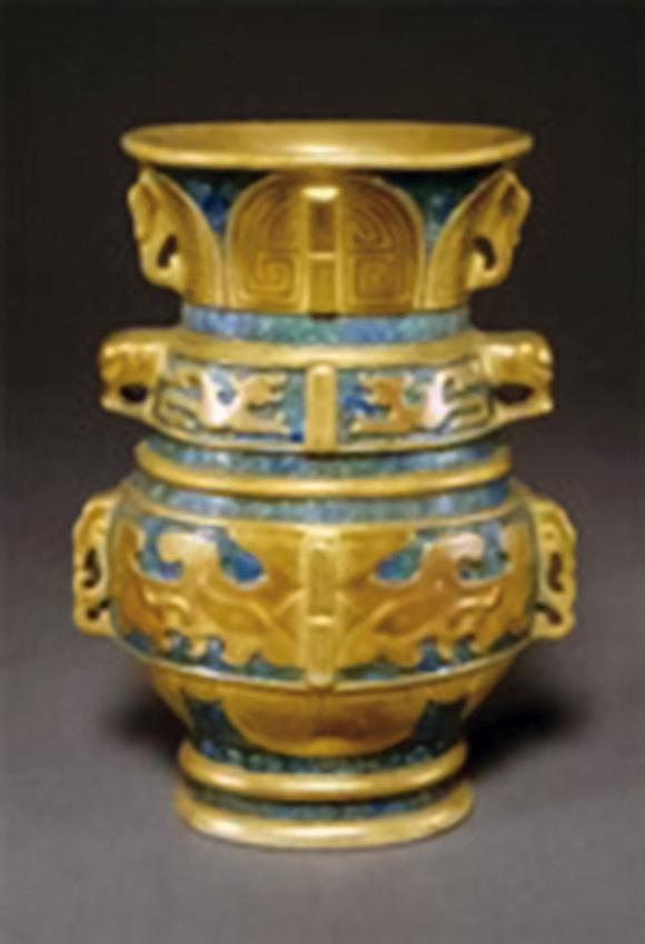 華藝國際清乾隆  唐窯仿古銅釉描金四開光粉彩四季山水紋小尊