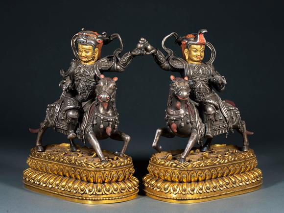日本東勝明 鎏金鎏銀 財(cái)神一對(duì)