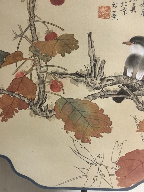 日本松町古美俞致貞，鄧散木 秋實山雀圖成扇（不帶展示架）