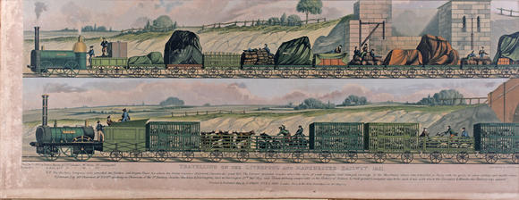 TooveysTuck (Raphael & Sons, publishers) - 'Travelling on the Liverpool and Manchester Railway, 1831', a pair, chromolithographs, each 24cm x 64cm, within Ho