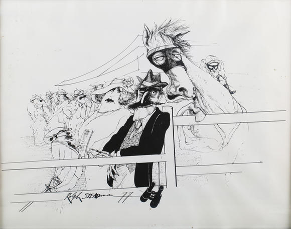 TooveysRalph Steadman (British b.1936) - Racehorse, print, signed and dated 3.3.77 lower centre, 50cm x 95cm, within a black frame, together with a further p