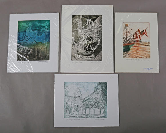 TooveysPeter Carreras (British 1921-2019) - a collection of ten etchings and other prints, including ‘St Mary’s Sompting’, ’Danns across the Sands', 'Sun