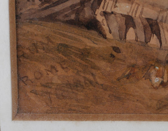TooveysEnglish School (19th century) - Figures amongst classical ruins, watercolour, indistinctly inscribed 'Rome' lower left, 32cm x 45cm, within a gilt fra
