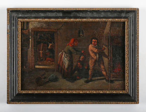 TooveysManner of David Teniers - Family in an interior, oil on panel, 11cm x 16cm, within a Hogarth style frame.