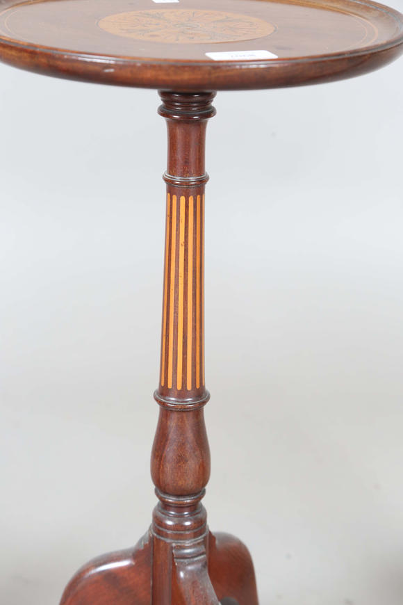 TooveysAn Edwardian mahogany and foliate inlaid tripod wine table, height 53cm, diameter 28cm, together with a pair of 20th century mahogany tripod wine tabl
