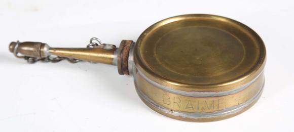 TooveysA Braime tin oil can, length 45cm, a Braime brass oiler and a tin funnel.