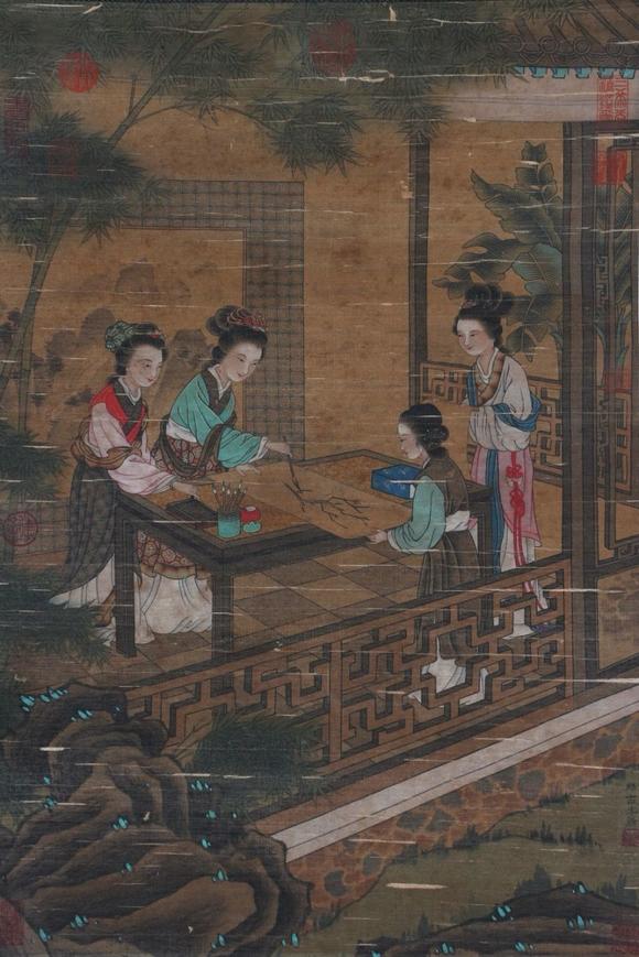 日本松町古美李唐 仕女戲墨圖