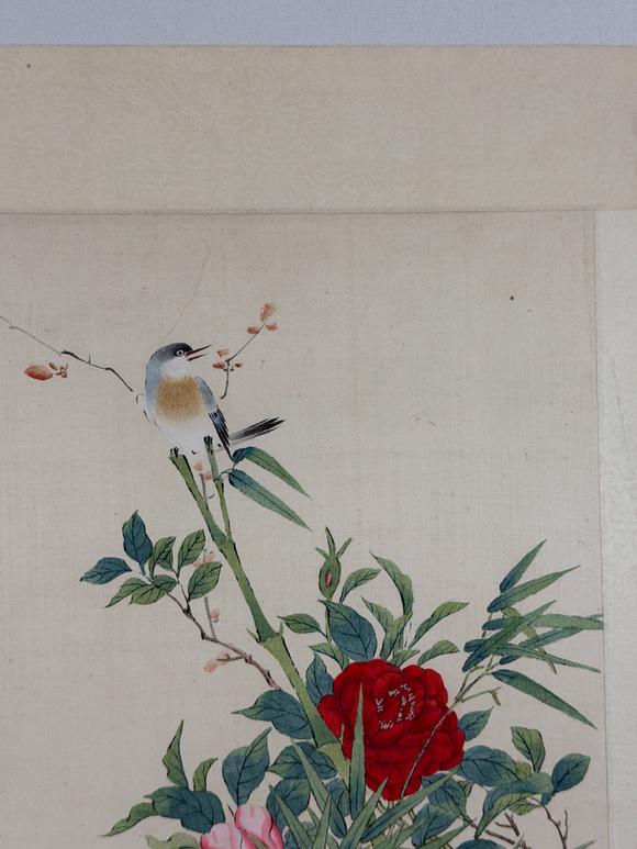 東京新日本謝月梅 花鳥(niǎo)図 絹本鏡片