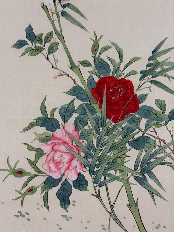 東京新日本謝月梅 花鳥(niǎo)図 絹本鏡片