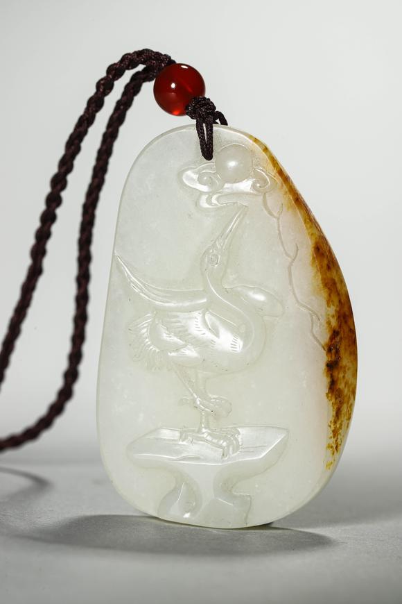 鐮倉(cāng)美術(shù)清 白玉浮雕仙鶴牌