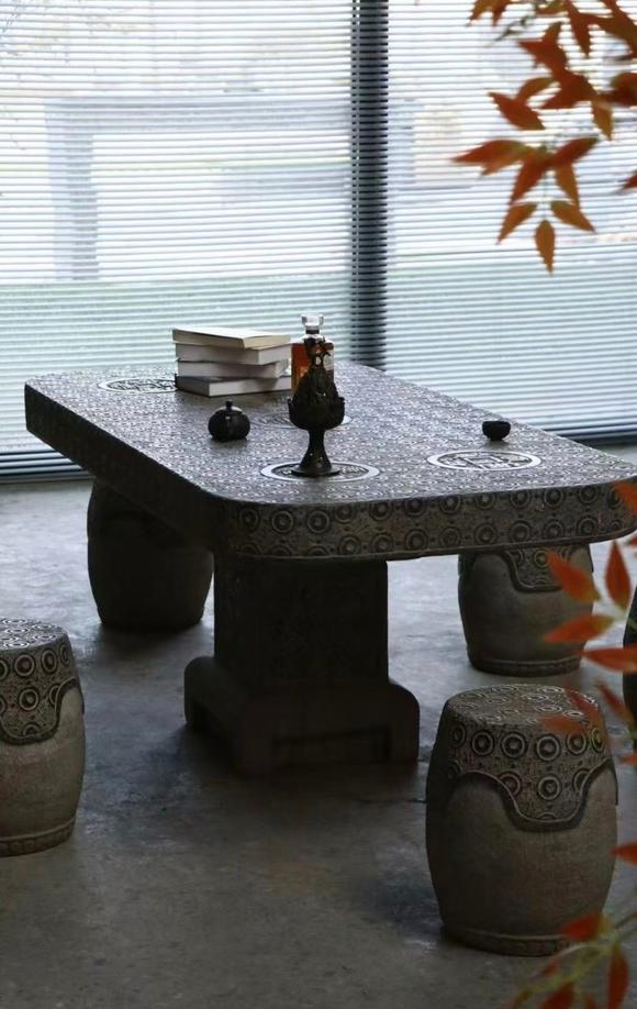 東京蕓術(shù)五帝金錢.庭院石桌.七件套.一桌六凳。