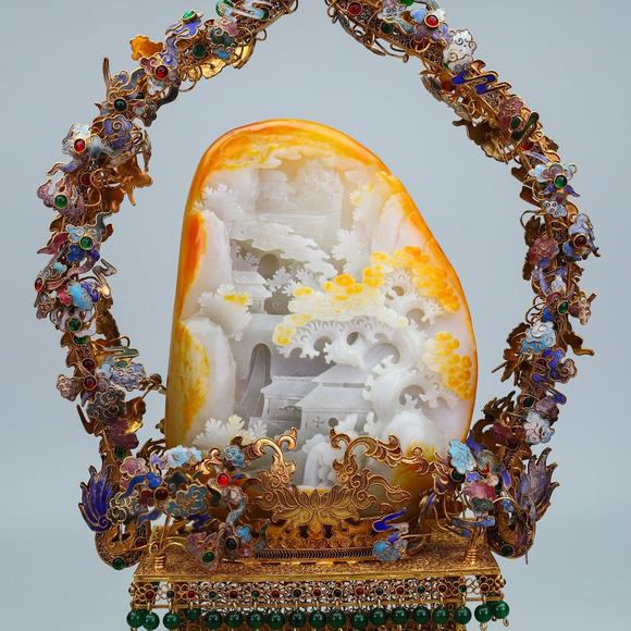 東京蕓術掐絲精品鑲嵌和田玉山水擺件