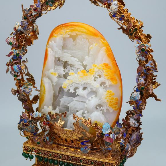 東京蕓術掐絲精品鑲嵌和田玉山水擺件