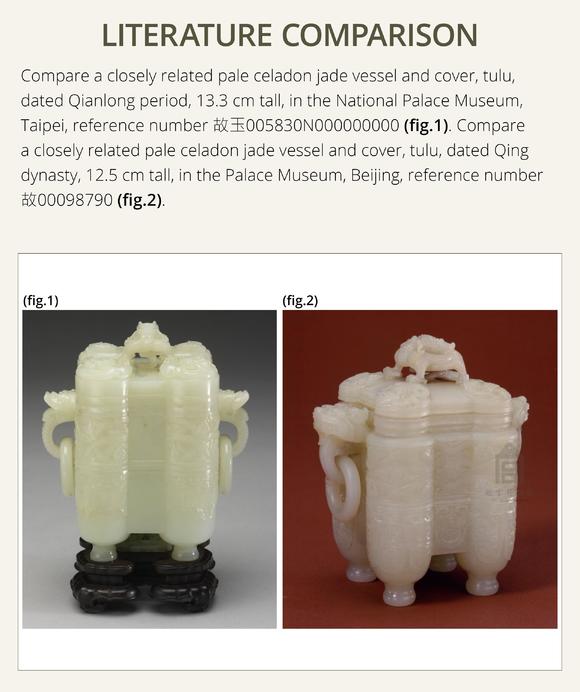 Galerie ZackeA PALE CELADON JADE ‘TULU’ VESSEL AND COVER, CHINA, QIANLONG PERIOD (1736-1795)
