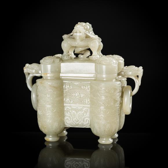 Galerie ZackeA PALE CELADON JADE ‘TULU’ VESSEL AND COVER, CHINA, QIANLONG PERIOD (1736-1795)