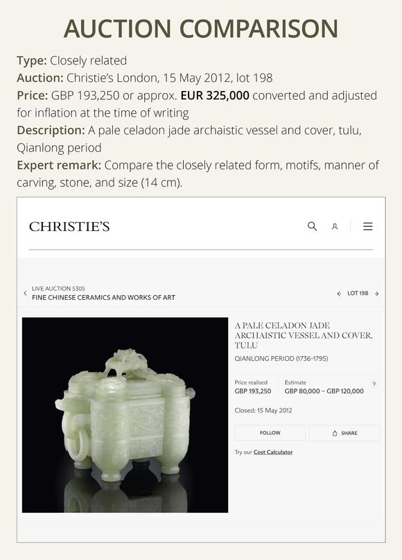 Galerie ZackeA PALE CELADON JADE ‘TULU’ VESSEL AND COVER, CHINA, QIANLONG PERIOD (1736-1795)