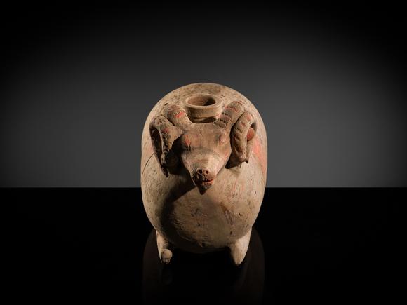 Galerie ZackeA LARGE PAINTED POTTERY ‘RAM’ VESSEL, ZUN, HAN DYNASTY