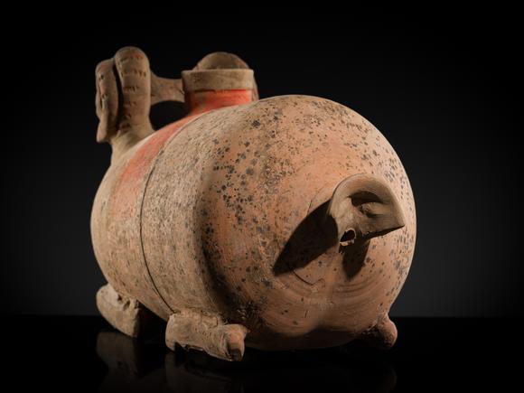Galerie ZackeA LARGE PAINTED POTTERY ‘RAM’ VESSEL, ZUN, HAN DYNASTY