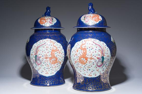 Coronari Auctions BVA pair of large Chinese famille rose blue-ground 'dragons and phoenixes' vases with covers, Kangxi mark, 19th C.
