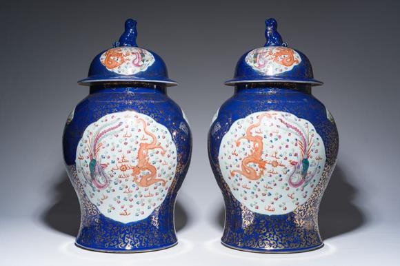 Coronari Auctions BVA pair of large Chinese famille rose blue-ground 'dragons and phoenixes' vases with covers, Kangxi mark, 19th C.