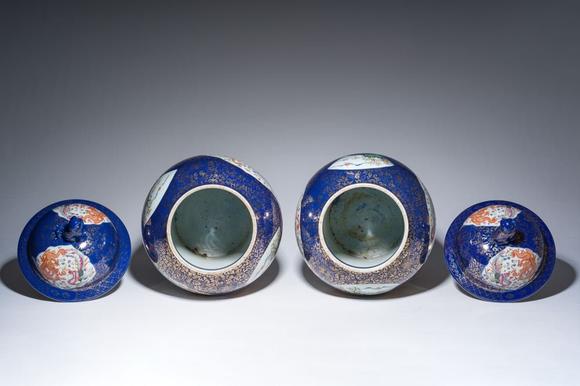 Coronari Auctions BVA pair of large Chinese famille rose blue-ground 'dragons and phoenixes' vases with covers, Kangxi mark, 19th C.