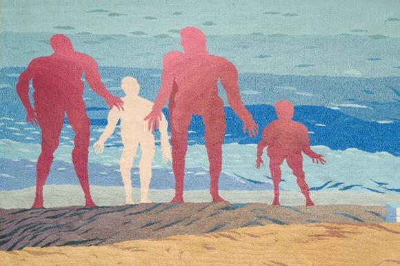 Coronari Auctions BVJose Vermeersch (1922-1997): An exceptional wall tapestry with figures and a dog on the beach, hand-tufted wool, ed. 1/1, dated (19)91