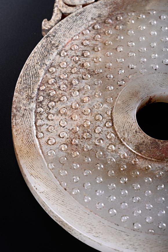 JUBAO HALL AUCTION HOUSE INCPre-Ming Dynasty Jade Bi Disc with Dragon, Phoenix and Grain Patterns