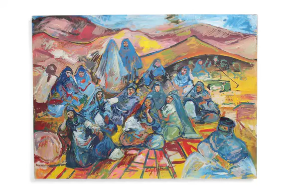 Goldfield Auction sarlsédouard Léon Louis Legrand (1892-1970), Orientalist scene animated by draped female figures in a mountainous landscape, mixed technique in vivid, expressive colors, dynamic composition signed at the bottom.
Condition: Good
Height : 54,5 cm 
Width : 74,5 cm
Weight : 1 kilo 400 gr