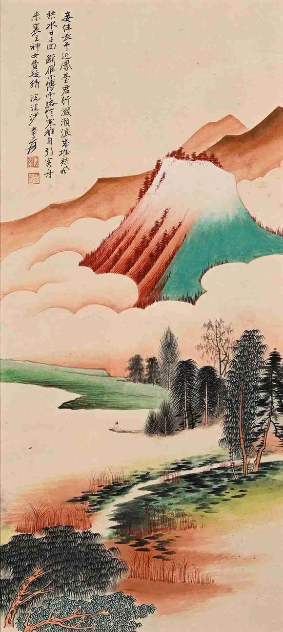 日本松町古美張大千 泊舟山水圖