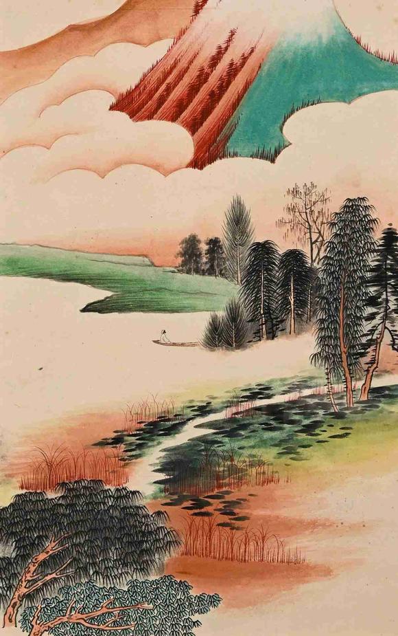 日本松町古美張大千 泊舟山水圖