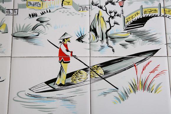 TooveysAn eighteen tile panel printed with a chinoiserie landscape, mid-20t