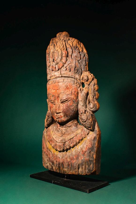 Apollo Art AuctionsCa. 16th century AD, or earlier. >
A finely carved wooden mask depicting a bodhisattva, rendered