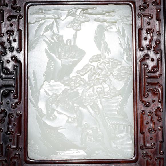 東京飛鳥(niǎo)清 紫檀鑲和田玉硯屏
