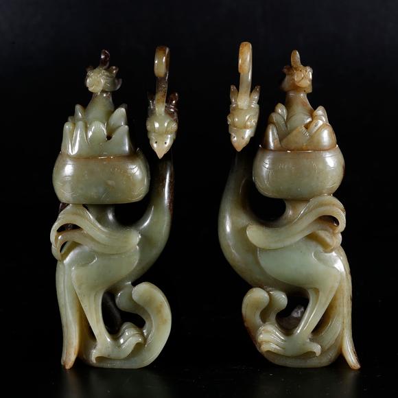 千葉大和高古玉雕龍鳳紋博山爐（一對）