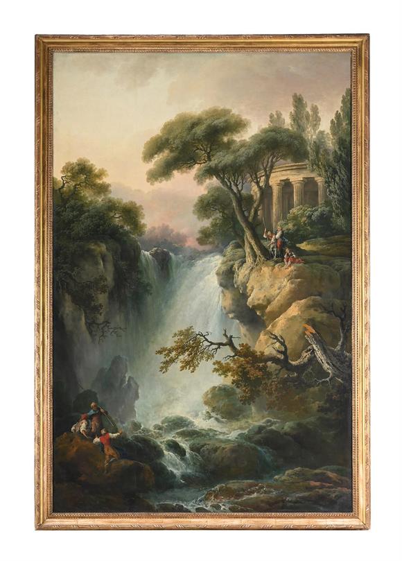 DreweattsITALIAN SCHOOL (18TH CENTURY), LANDSCAPE WITH A WATERFALL AND A TEMPLE