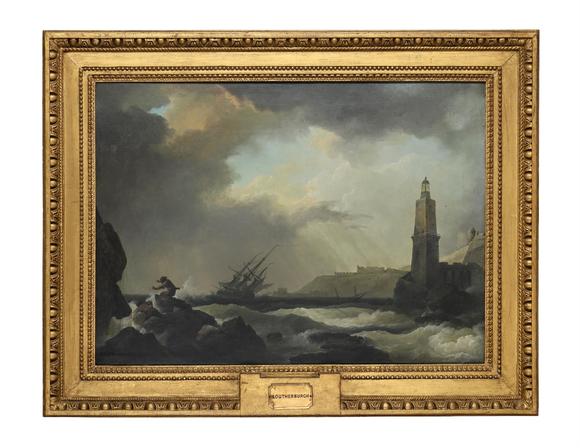 DreweattsPHILIP JAMES DE LOUTHERBOURG (FRENCH 1740-1812), SHIPPING AT SEA WITH FIGURES AND LIGHTHOUSE