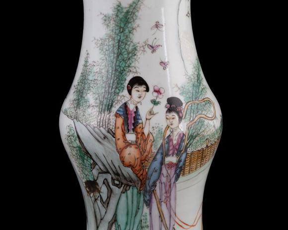 Bertolami Fine ArtA baluster-shaped painted porcelain vase depicting female figures in a naturalistic landscape. China, 20th century.