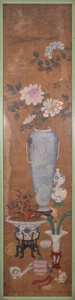 Bertolami Fine ArtA rare four-panel painting depicting scholarly objects and flowers in vases. Ink and pigments on paper. Benzoni Collection, China, Qing Dynasty (1644–1912).