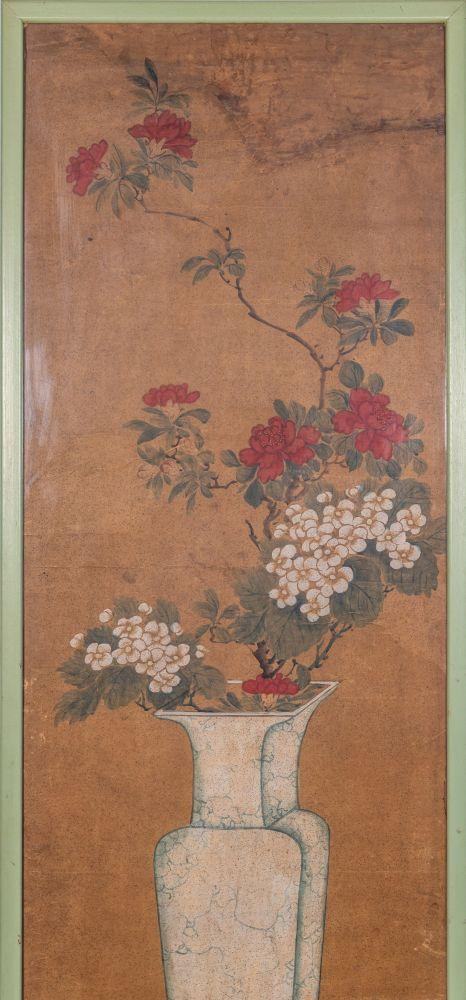 Bertolami Fine ArtA rare four-panel painting depicting scholarly objects and flowers in vases. Ink and pigments on paper. Benzoni Collection, China, Qing Dynasty (1644–1912).