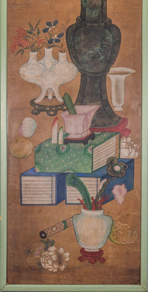 Bertolami Fine ArtA rare four-panel painting depicting scholarly objects and flowers in vases. Ink and pigments on paper. Benzoni Collection, China, Qing Dynasty (1644–1912).