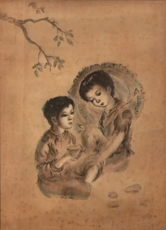 Bertolami Fine ArtIndian ink on silk painting depicting two children. Signed Tran Van Tho (1917-2004).