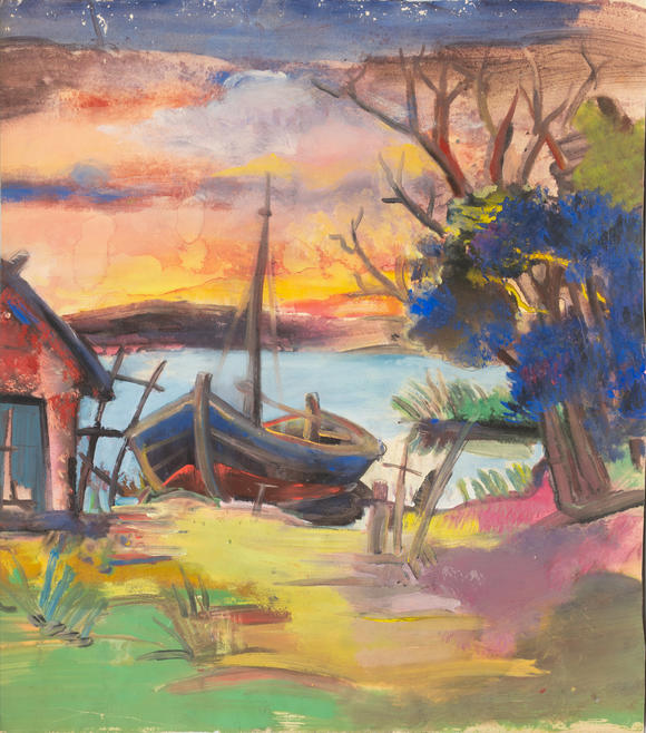 Auktionshaus StahlOskar Gawell (Chawlodno 1888 - Wien 1955). Boat on the Shore - Houses by a River.