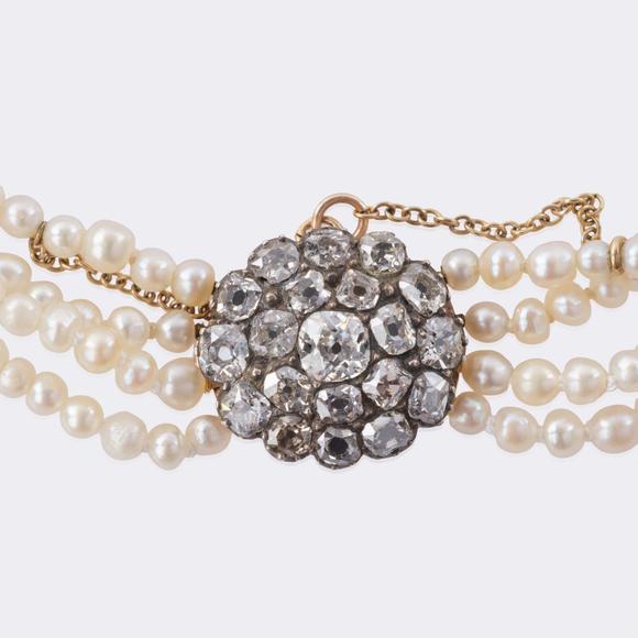Auktionshaus StahlVictorian Natural Pearl Bracelet with Old Cut Diamonds.
