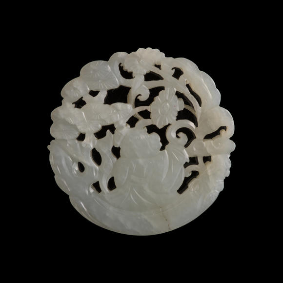 Oakridge Auction Gallery十九世紀早 白玉鏤雕童子佩（附木座）  A Chinese reticulated white jade 'boy' plaque
