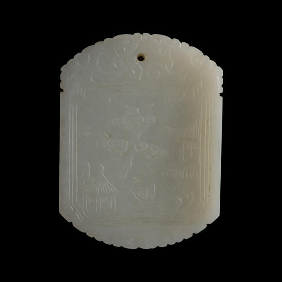 Oakridge Auction Gallery十八世紀(jì)晚/十九世紀(jì)早 白玉山水詩文牌(附木座）  A Chinese carved white jade 'landscape' and 'inscription' plaque