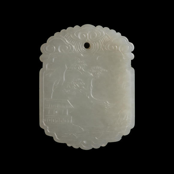 Oakridge Auction Gallery十九世紀(jì)早 白玉雕青山流水牌（附木座）  A Chinese carved white jade 'landscape' plaque