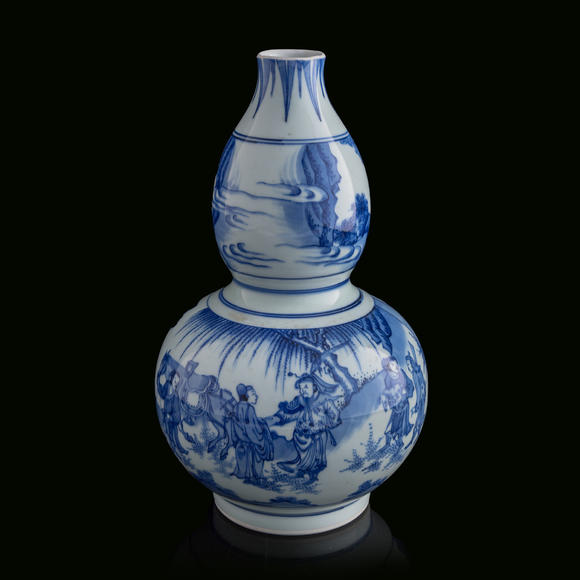 Oakridge Auction Gallery明崇禎 青花人物葫蘆瓶  A Chinese blue and white double gourd-form vase