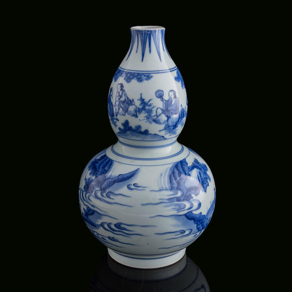 Oakridge Auction Gallery明崇禎 青花人物葫蘆瓶  A Chinese blue and white double gourd-form vase